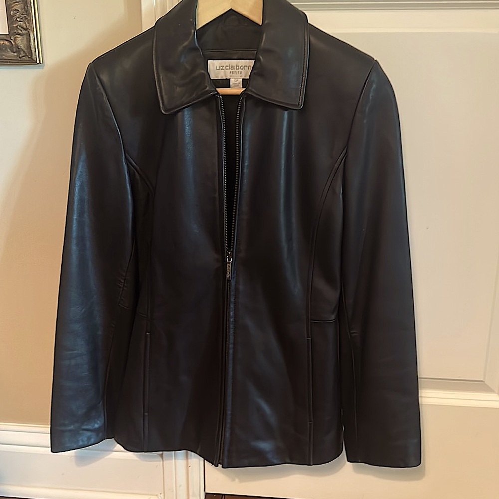 Women’s Black Leather Jacket Small Petite, fits like XS